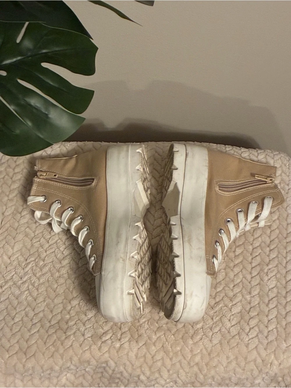 Sincerly Jules Beige High-Top Canvas Sneakers with White Soles